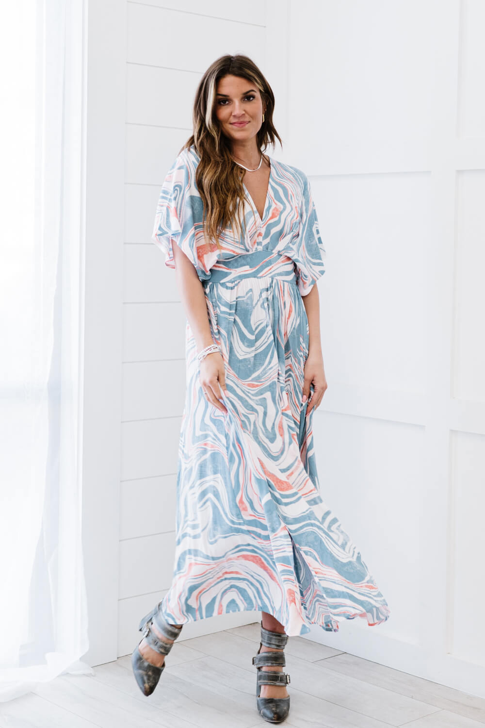 ODDI Down to Earth Full Size Run Marbled Midi Dress