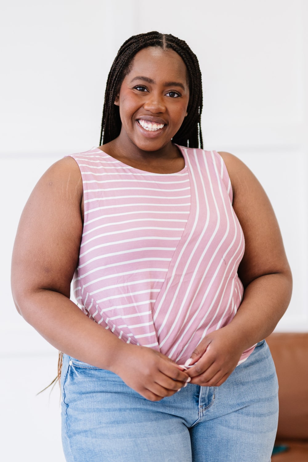 Zenana Just a City Girl Full Size Striped Twist Detail Tank in Light Rose