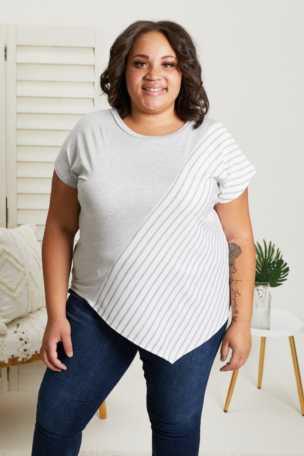 Sew In Love Spoonful of Sugar Full Size Striped Color Block Tee in Grey