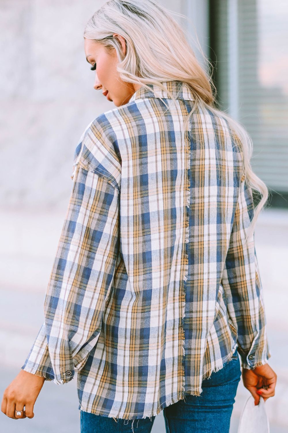 Plaid Raw Hem Dropped Shoulder Johnny Collar Shirt