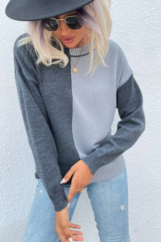 Color Block Spliced Long Sleeve Sweater