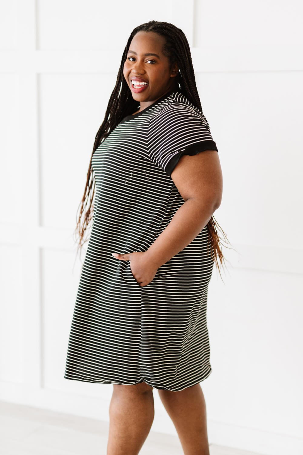 Cotton Bleu Simplicity is Best Full Size Striped T-Shirt Dress in Black