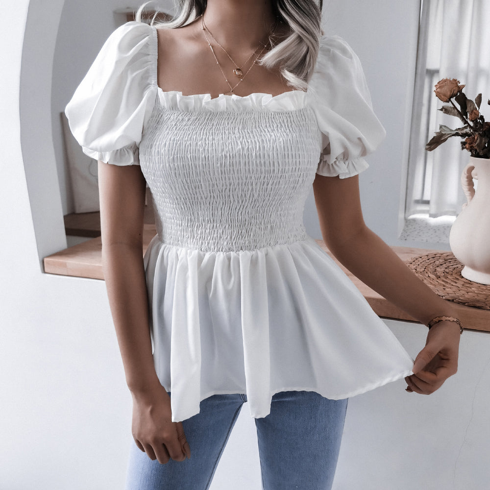 Smocked Puff Sleeve Peplum Top