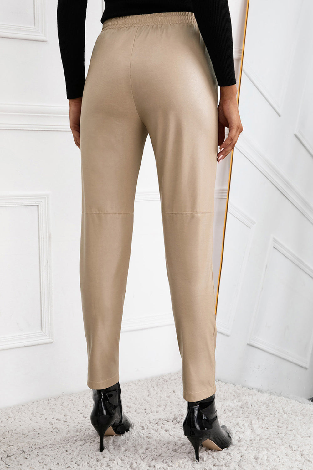 Seamed Elastic Waist PU Leather Pants