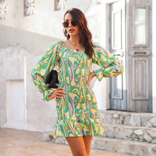 Load image into Gallery viewer, Abstract Print Ruffled Hem Smocked Mini Dress
