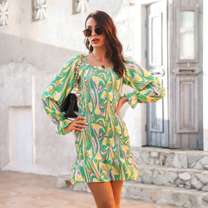 Abstract Print Ruffled Hem Smocked Mini Dress