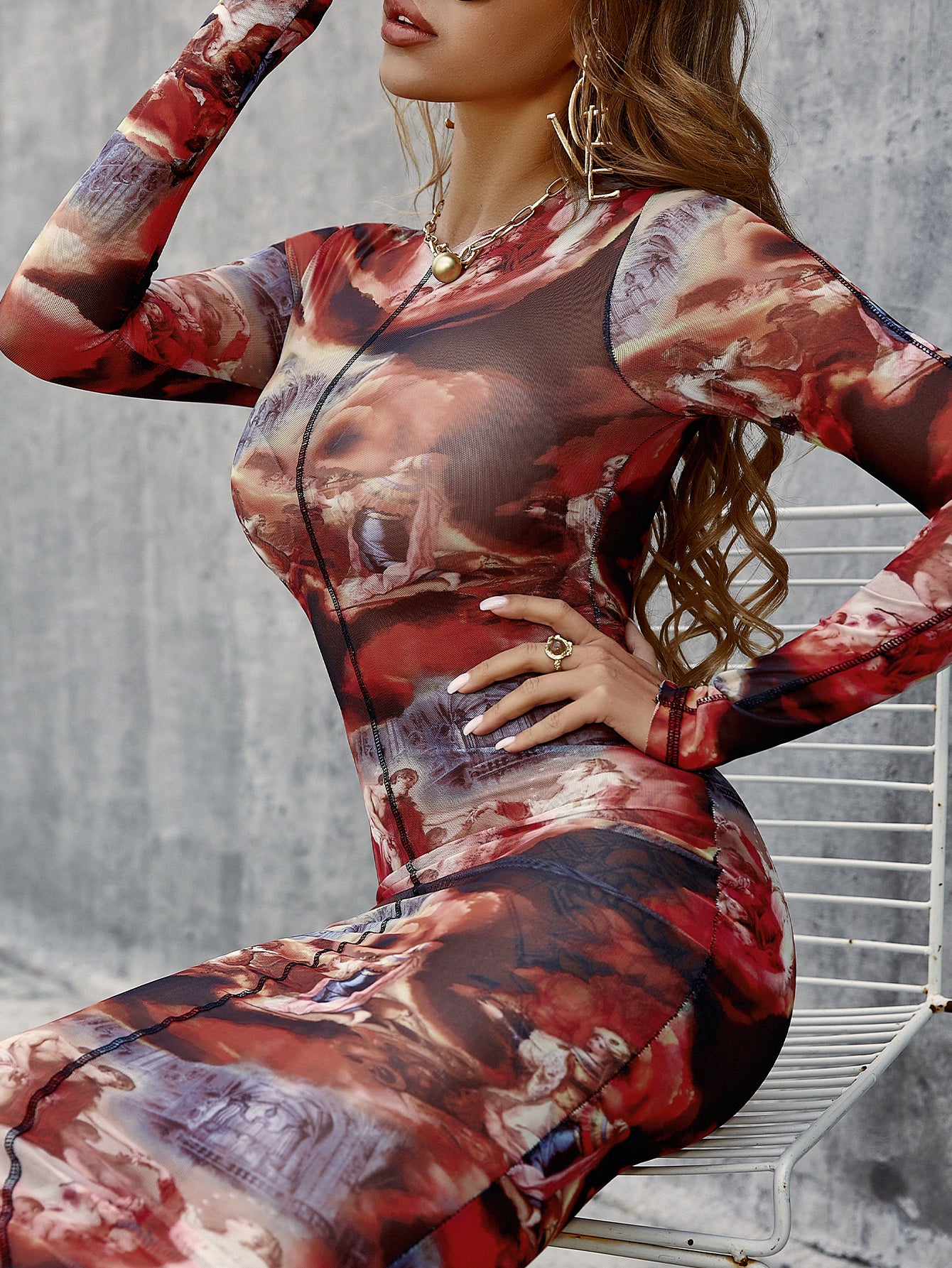 Printed Long Sleeve Crewneck Midi Bodycon Dress