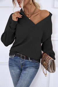 Horizontal-Ribbing Balloon Sleeve Collared Pullover