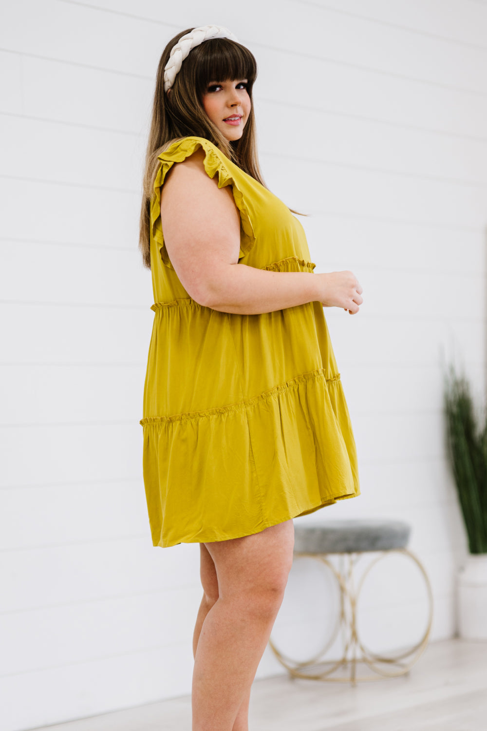 Zenana Call Me Later Full Size Tiered Mini Dress in Golden Wasabi