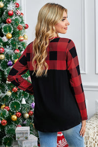 Plaid Long Sleeve Tee with Sequin Pocket