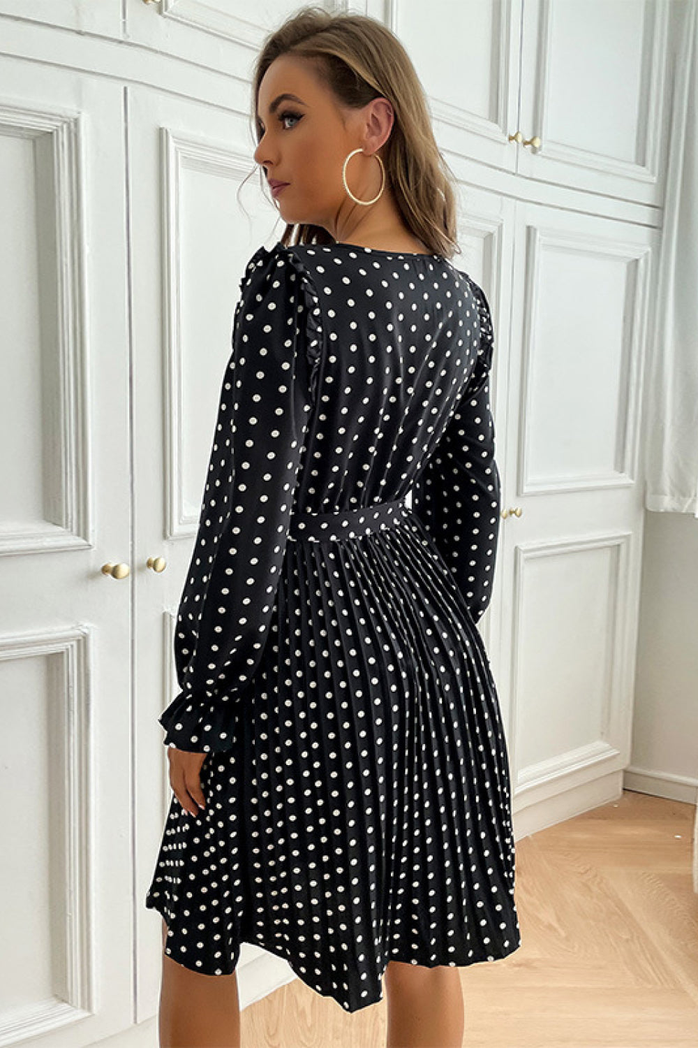 Polka Dot Tie Waist Pleated Dress