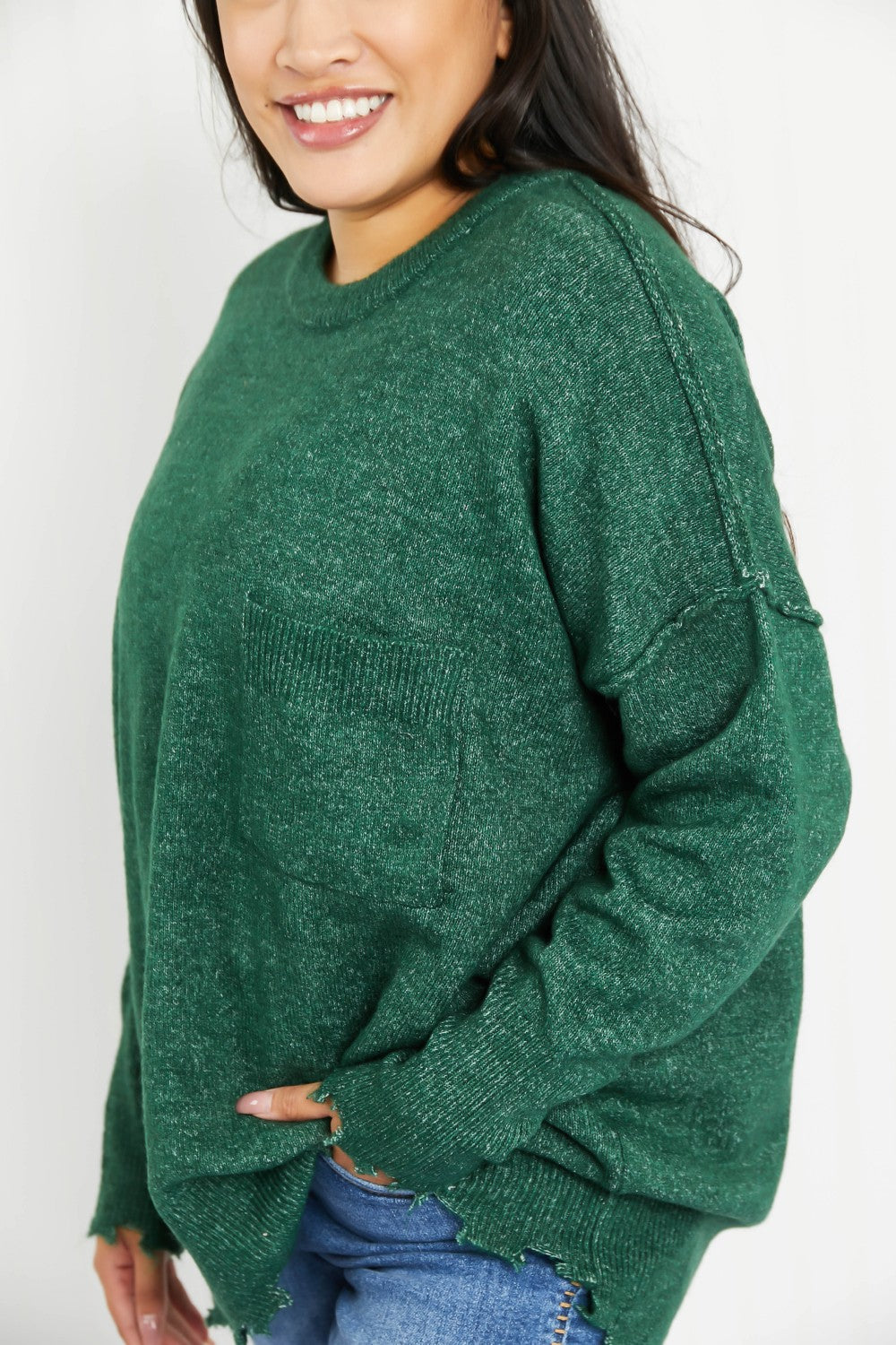 Zenana Pine Views Full Size Distressed Melange Sweater