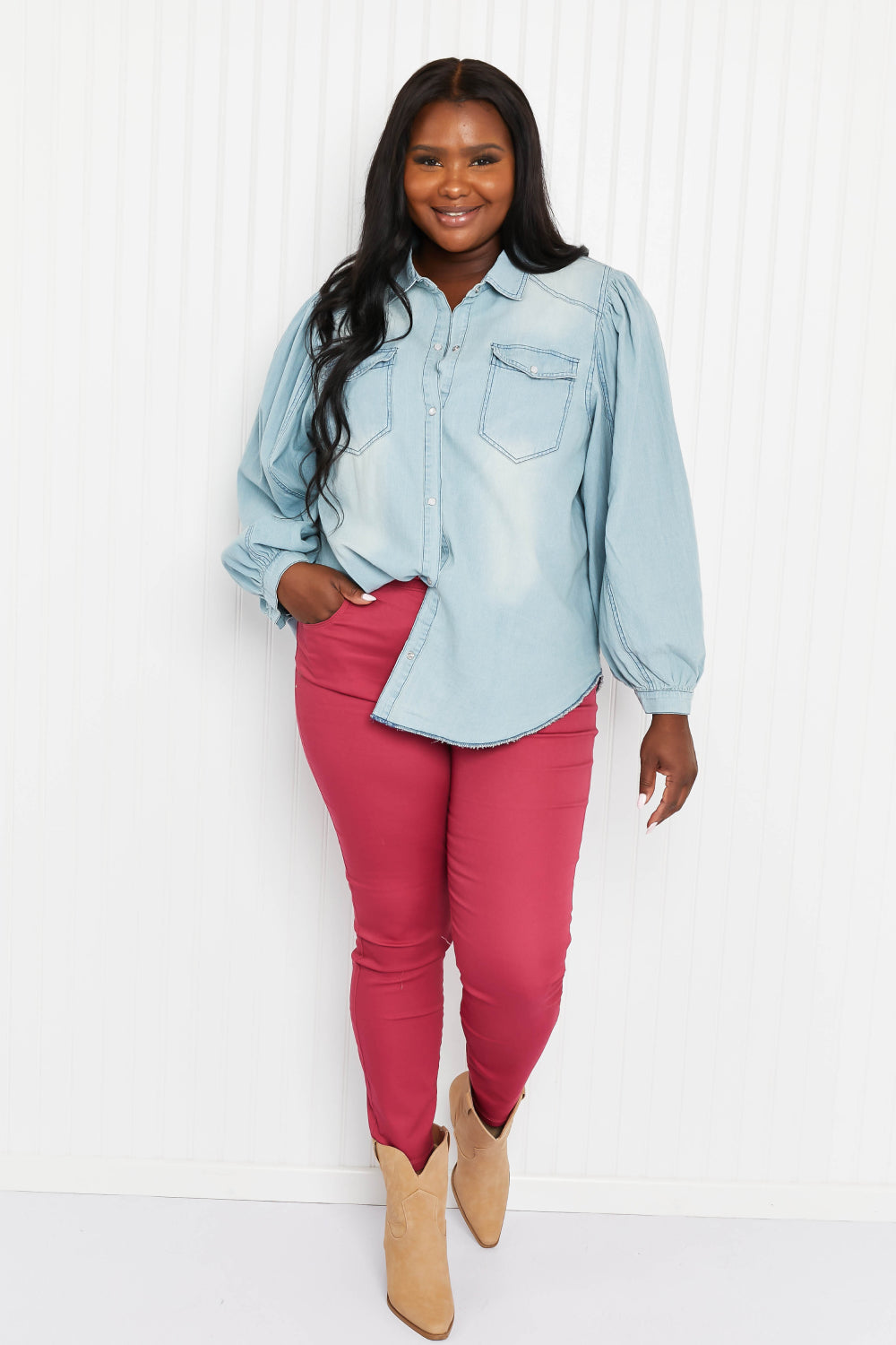 Davi & Dani Sitting Fireside Full Size Button Down Denim Shirt