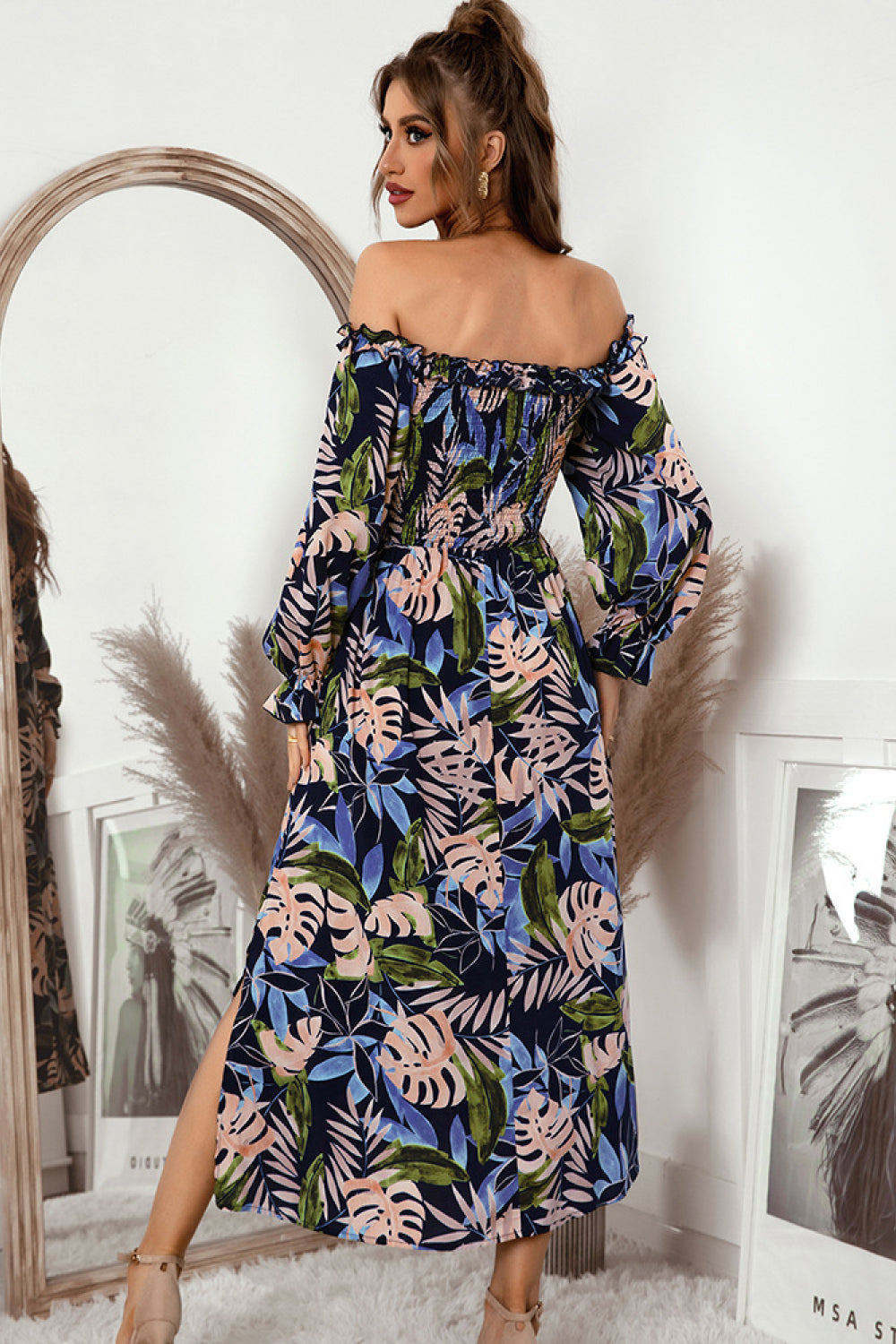 Botanical Print Off-Shoulder Side Slit Midi Dress