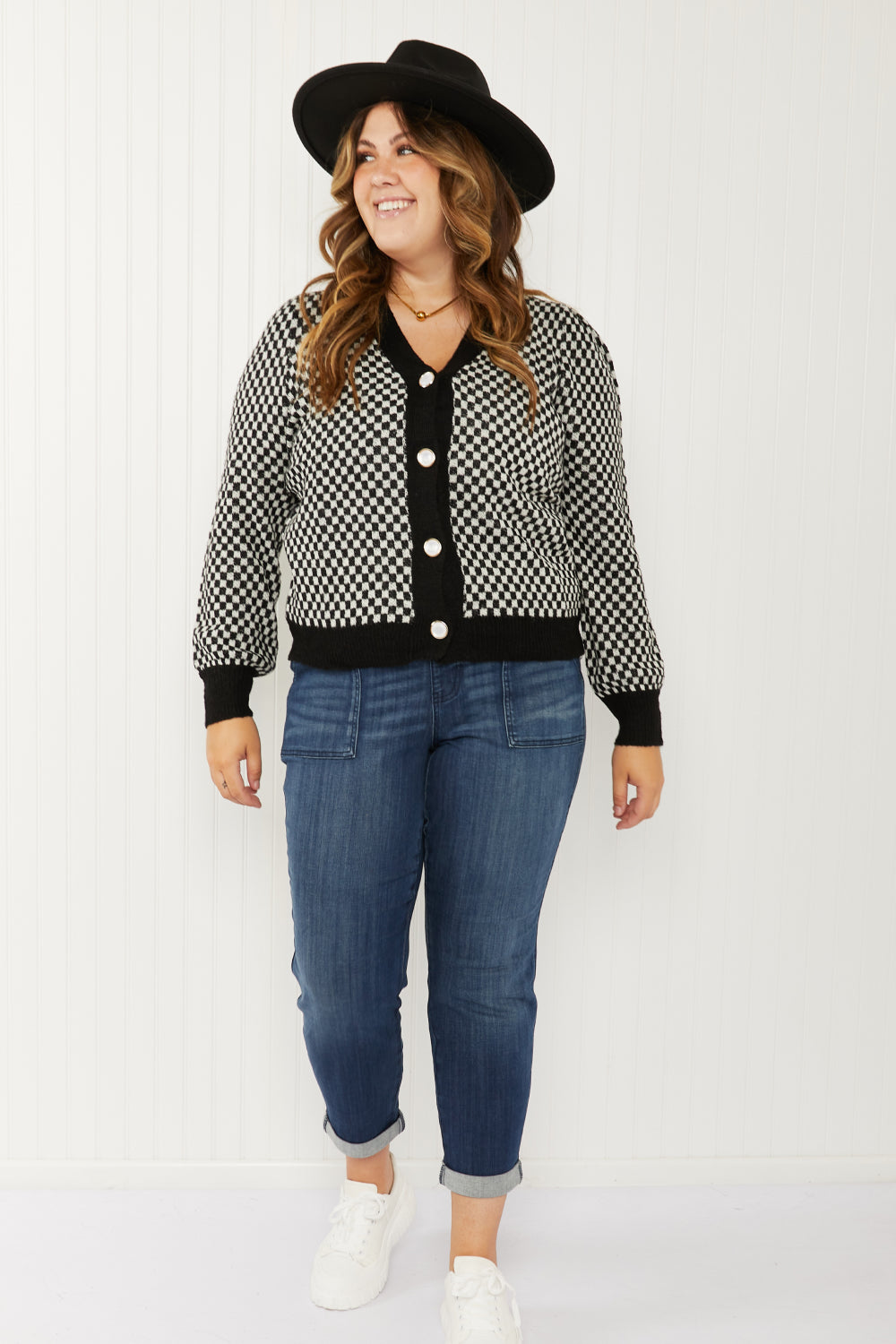 143 Story Look the Part Full Size Checkered Puff Shoulder Cardigan