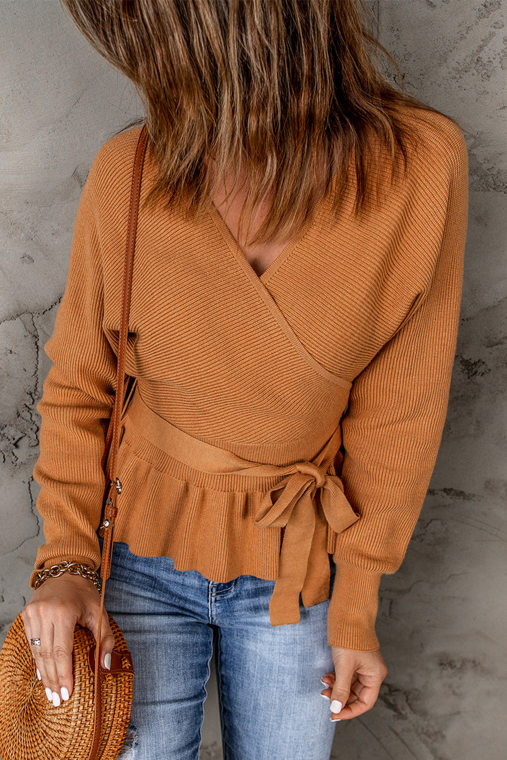 Rib-Knit Belted Open Back Peplum Sweater