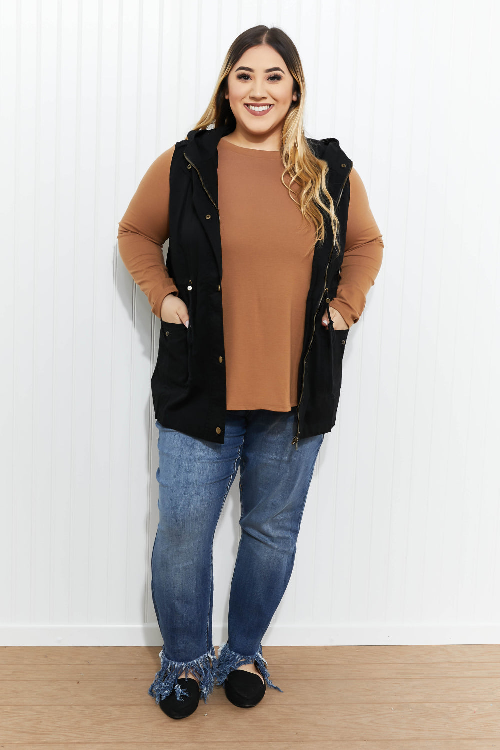 Zenana Autumn Vibes Full Size Hooded Vest in Black