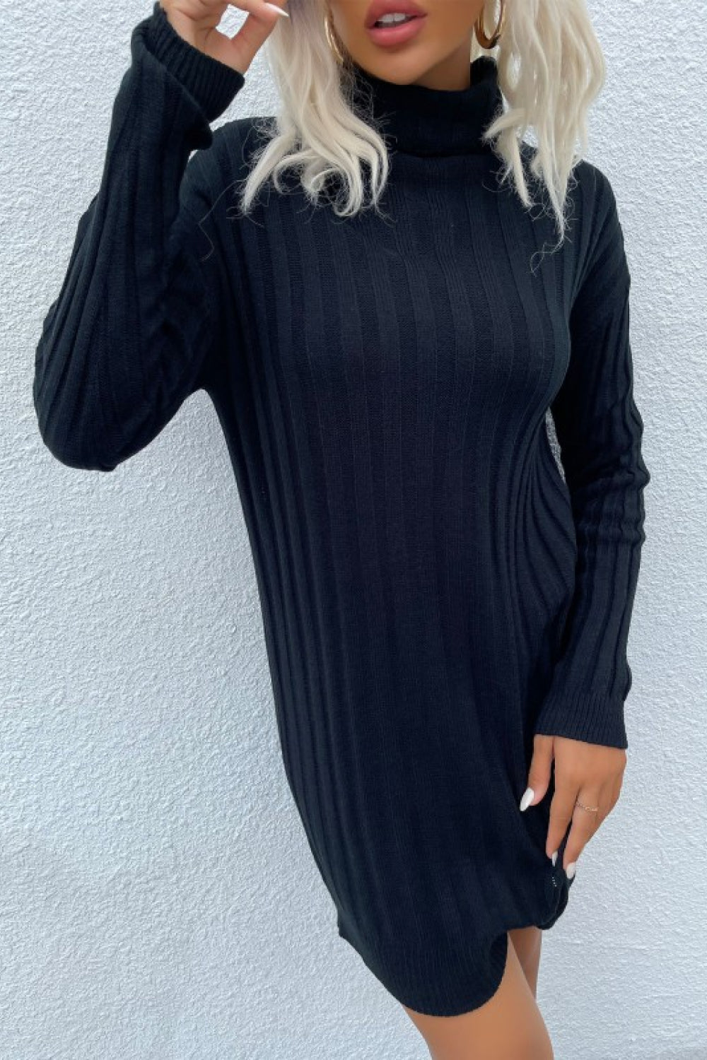 Turtleneck Rib-Knit Sweater Dress