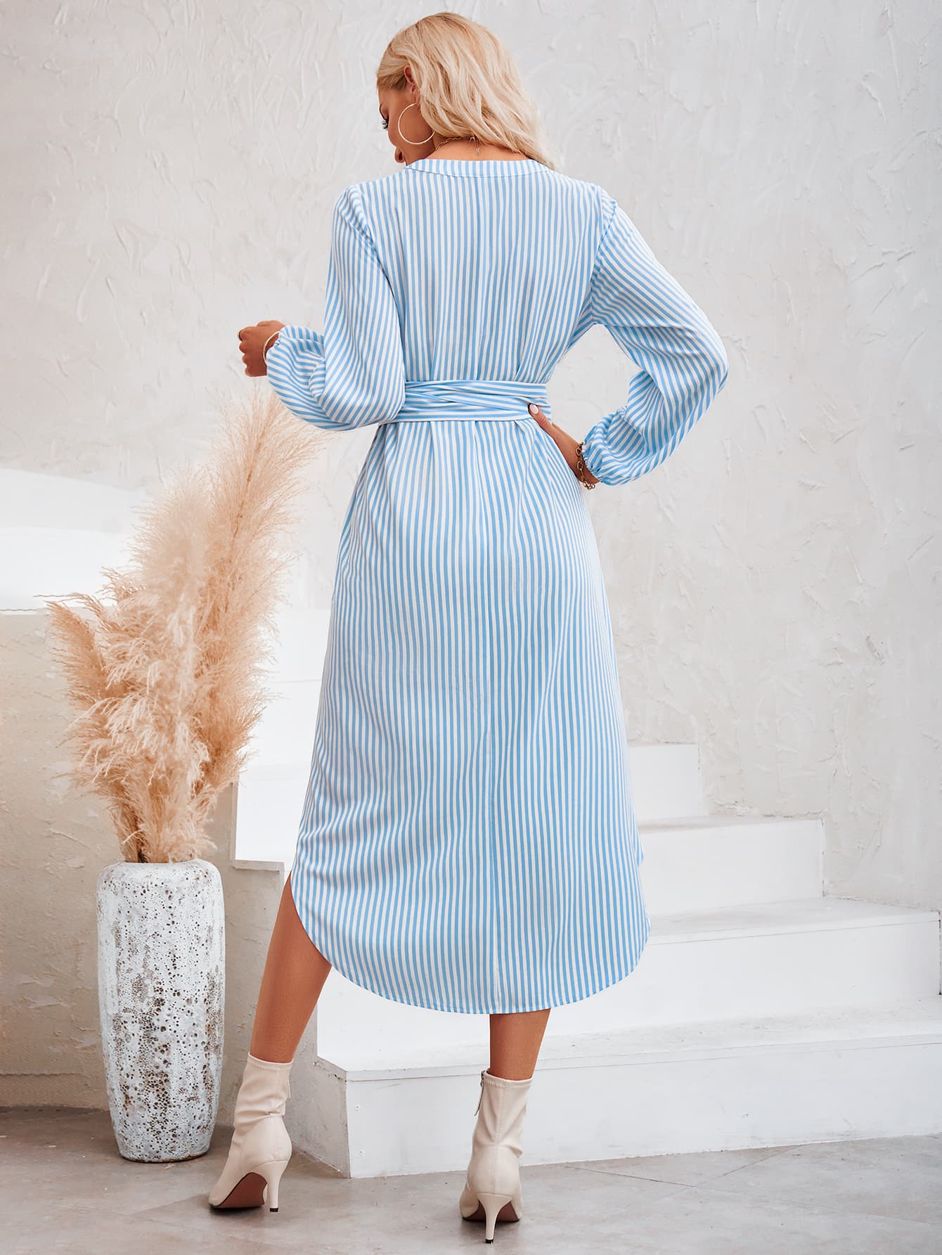 Striped Notched Neck Curved Hem Long Sleeve Dress