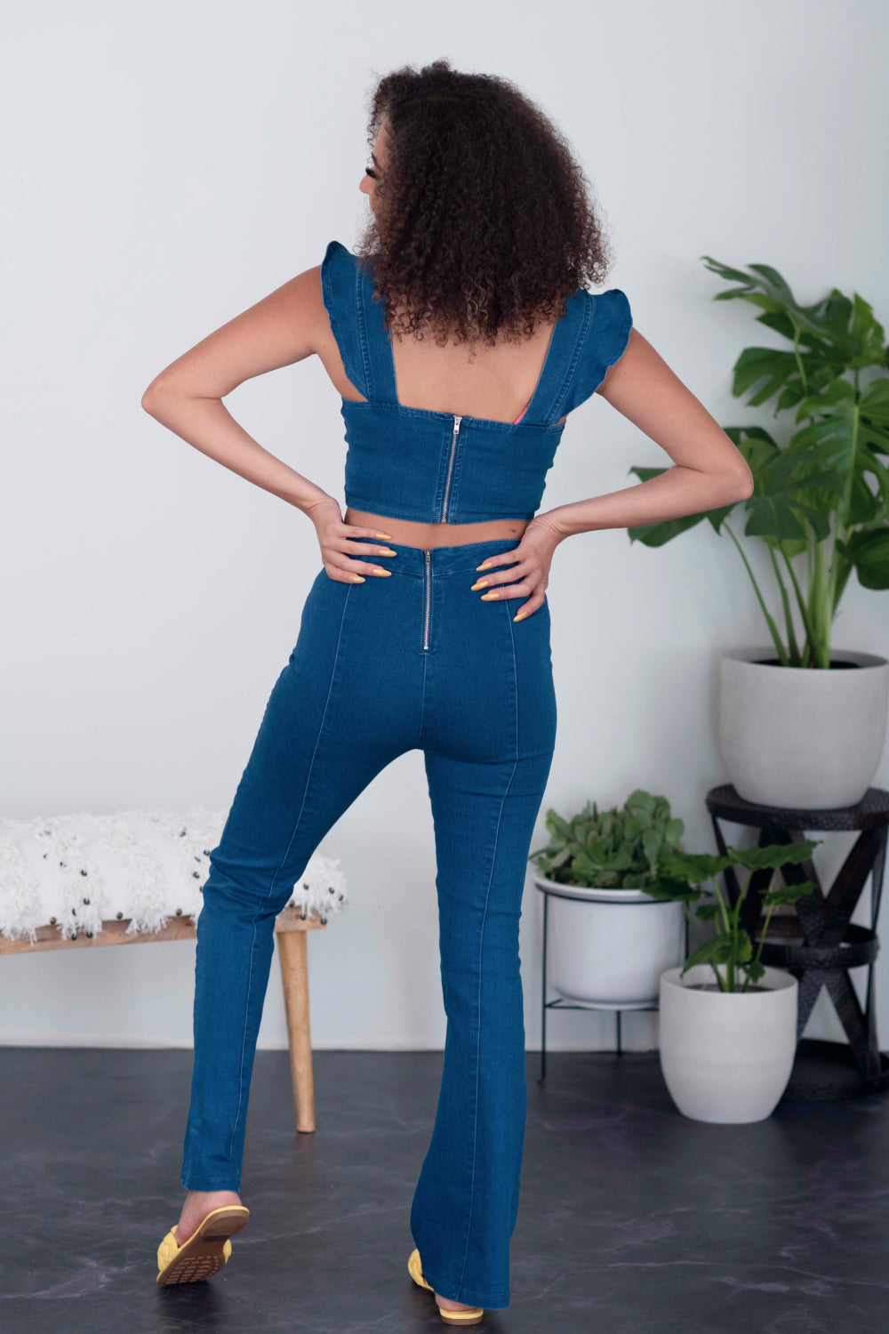 SHOPIRISBASIC One in a Million Denim Crop Top and Flare Pants Set