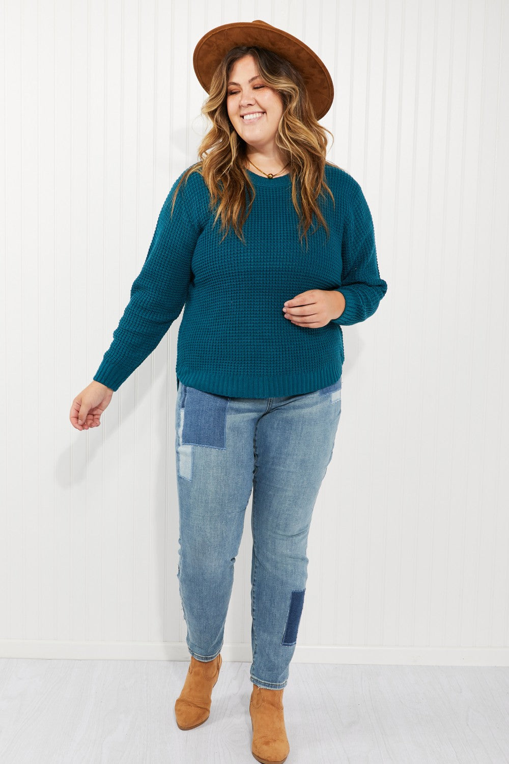 Zenana Autumn is Calling Full Size Waffle Knit Sweater in Teal