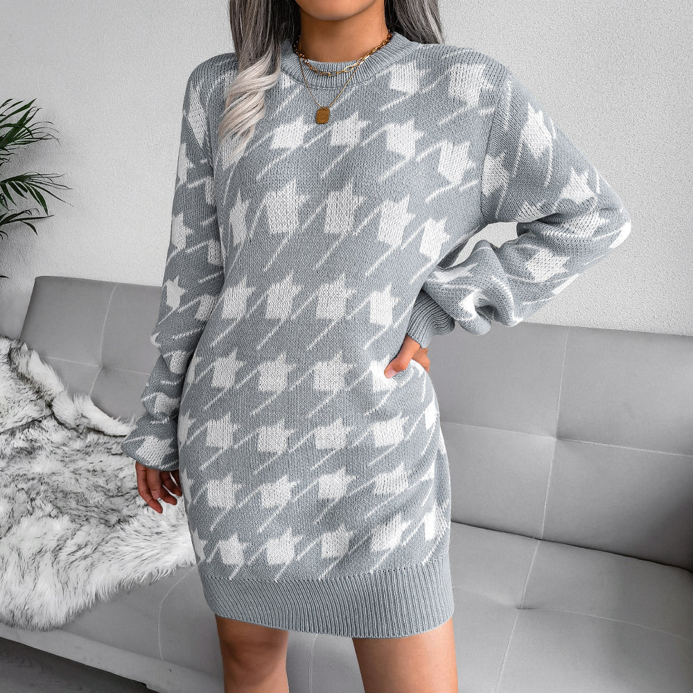 Hoodstooth Crewneck Sweater Dress（Belt Not Included)