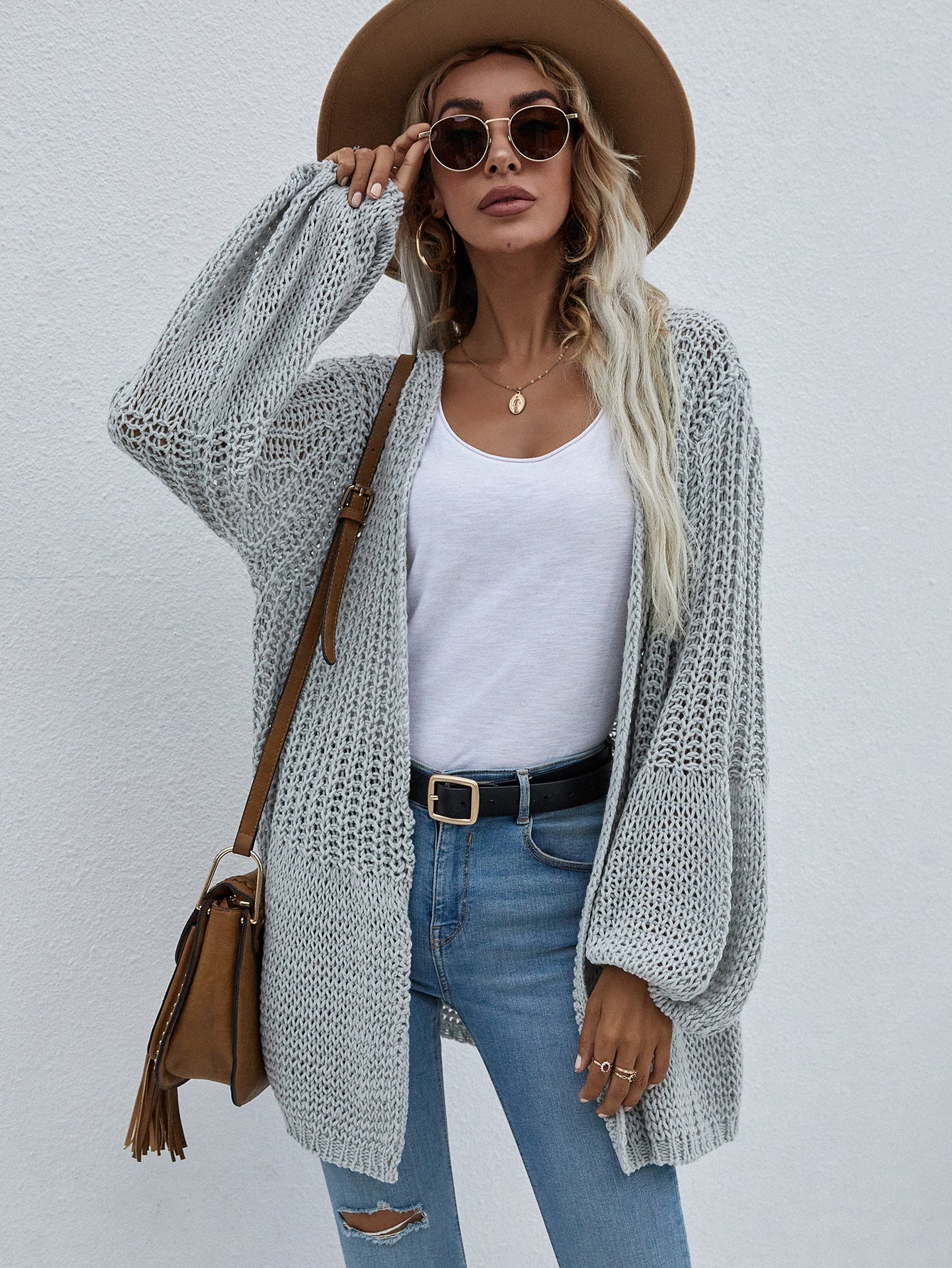 Flare Sleeve Openwork Open Front Cardigan