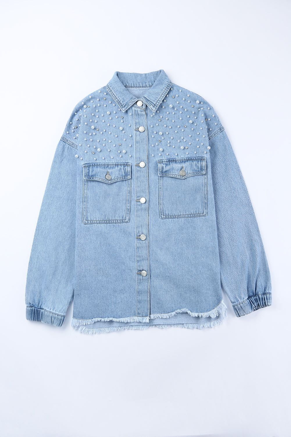 Pearl Detail Frayed Hem Denim Jacket