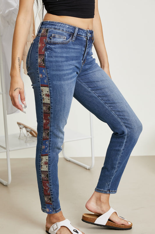 Judy Blue Andie Full Size Geometric Print Trim Mid-Rise Relaxed Jeans