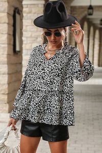 Leopard Print Frill Trill V-Neck Blouse