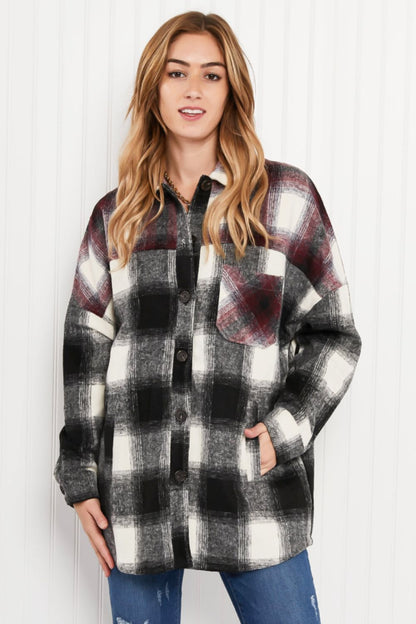 Zenana Colors of Autumn Full Size Plaid Shacket in Black/Burgundy