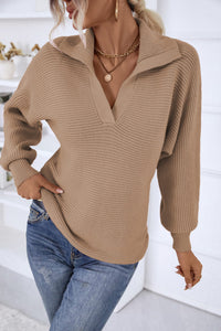 Horizontal-Ribbing Balloon Sleeve Collared Pullover