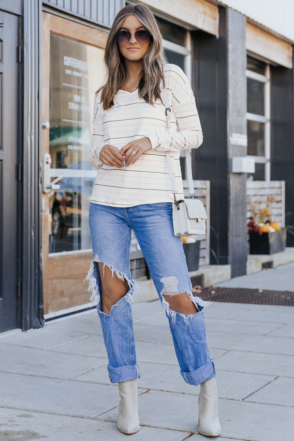 Striped Dropped Shoulder V-Neck Top