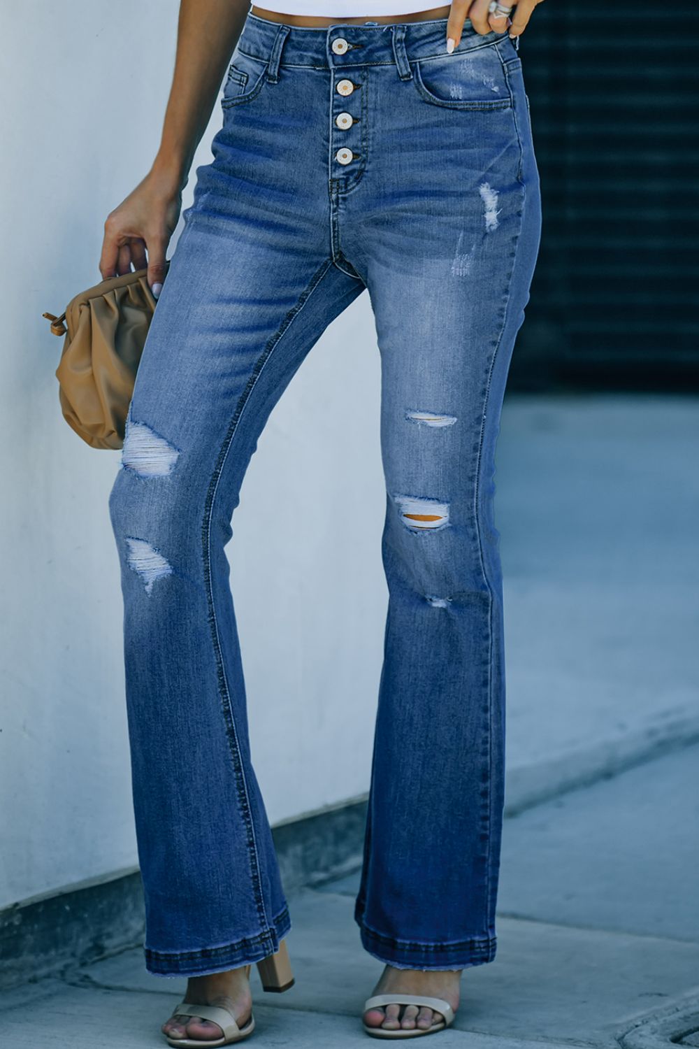 Button Fly Distressed Flared Jeans