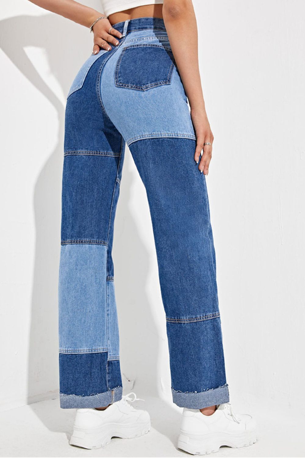 Color Block Raw Hem Straight Leg Jeans