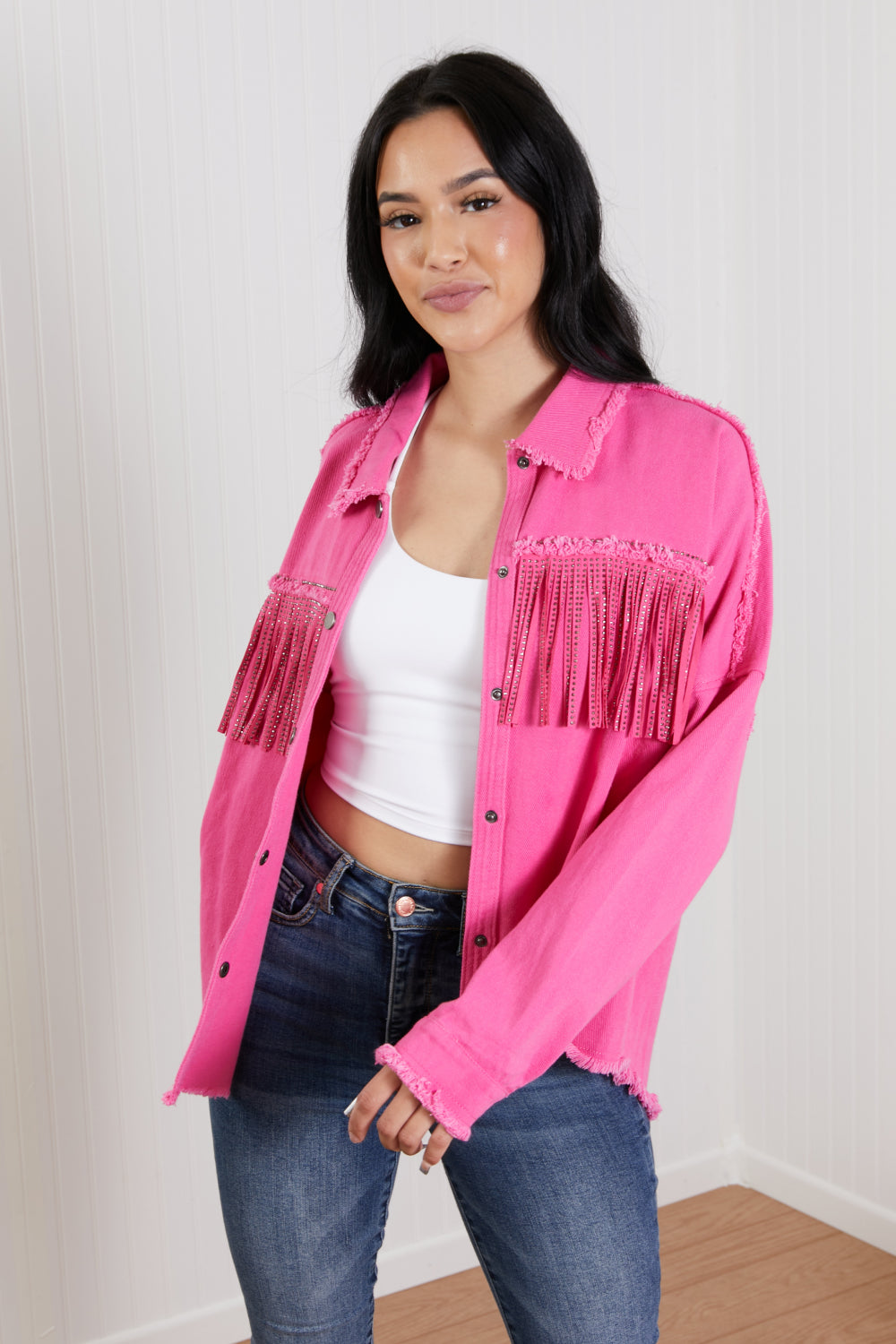 GeeGee Southwest Full Size Rhinestone Fringe Detail Shirt Jacket