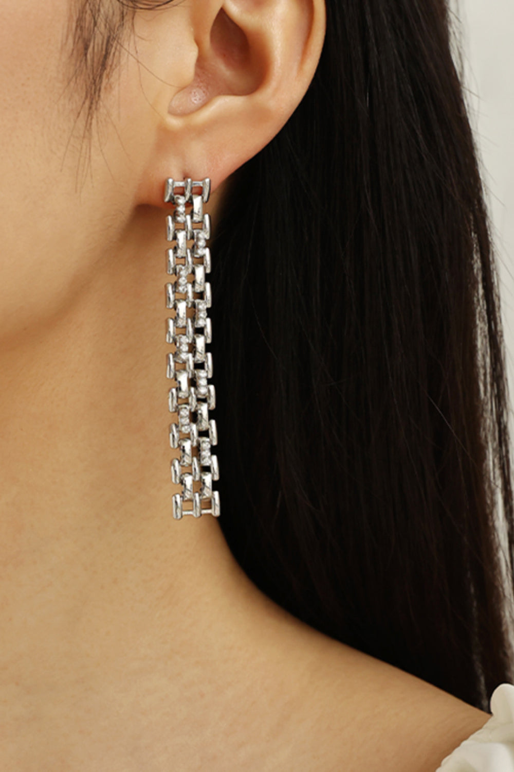 Decorative Rhinestone Chain Drop Earrings in Silver