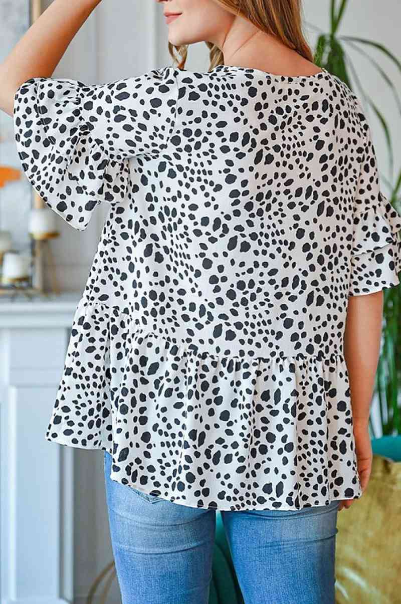 Animal Print Ruffled Front Keyhole Top