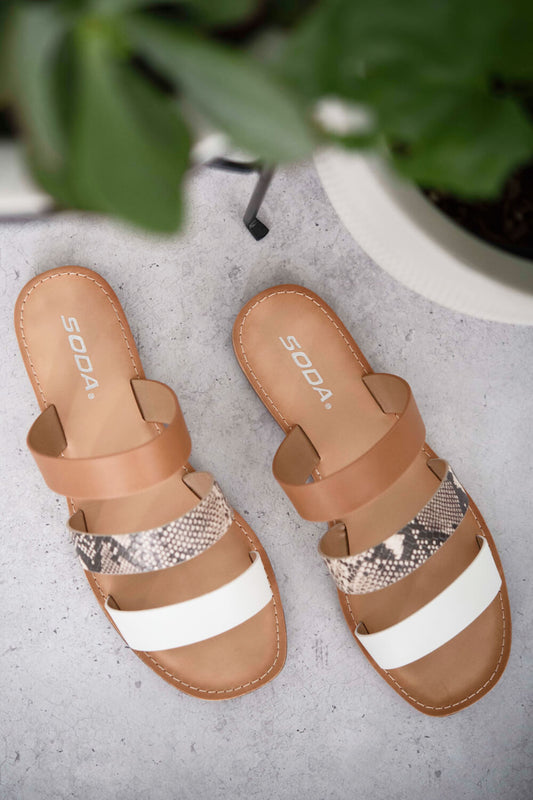 SODA Begin Anew Snakeskin Tri-Strap Sandals