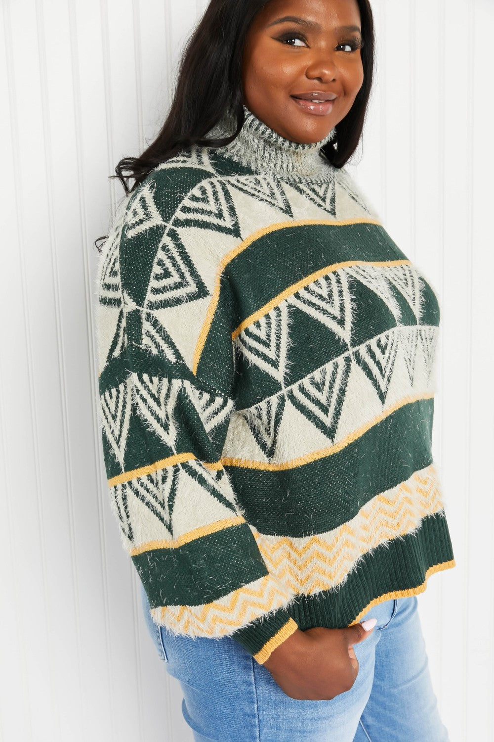 Davi & Dani Cozy Weather Full Size Geometric Fuzzy Turtleneck Sweater in Green