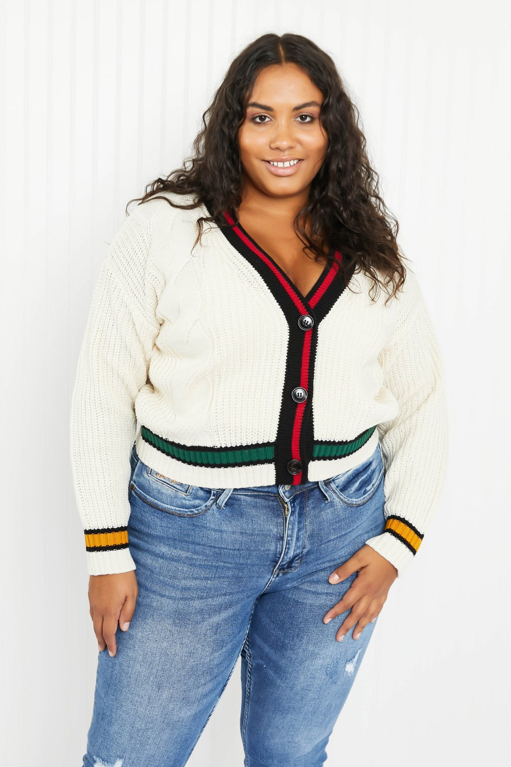 Zenana Aspen Drive Full Size Contrast Trim Cable Knit Cardigan