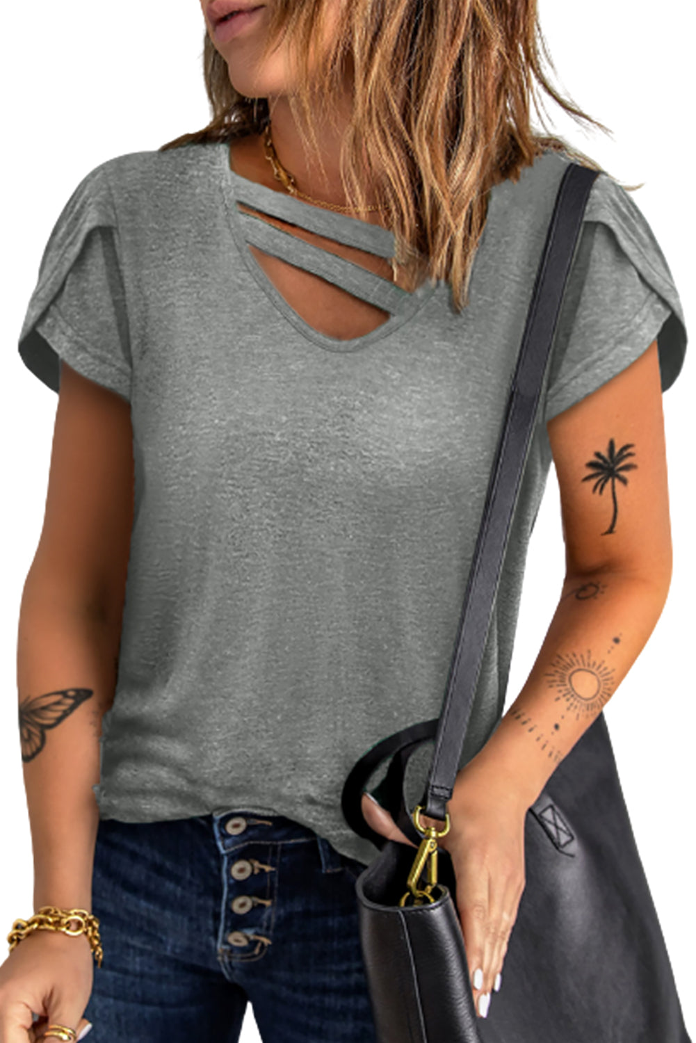 Strappy V-Neck Petal Sleeve Tee