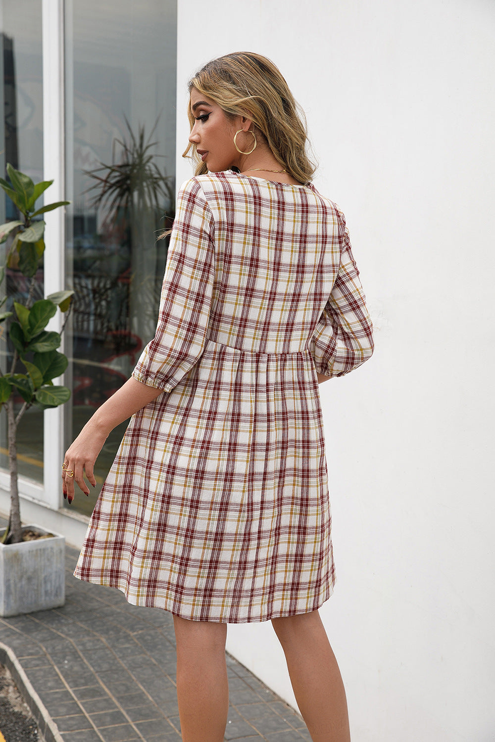 Plaid Three-quarter Sleeve Babydoll Dress