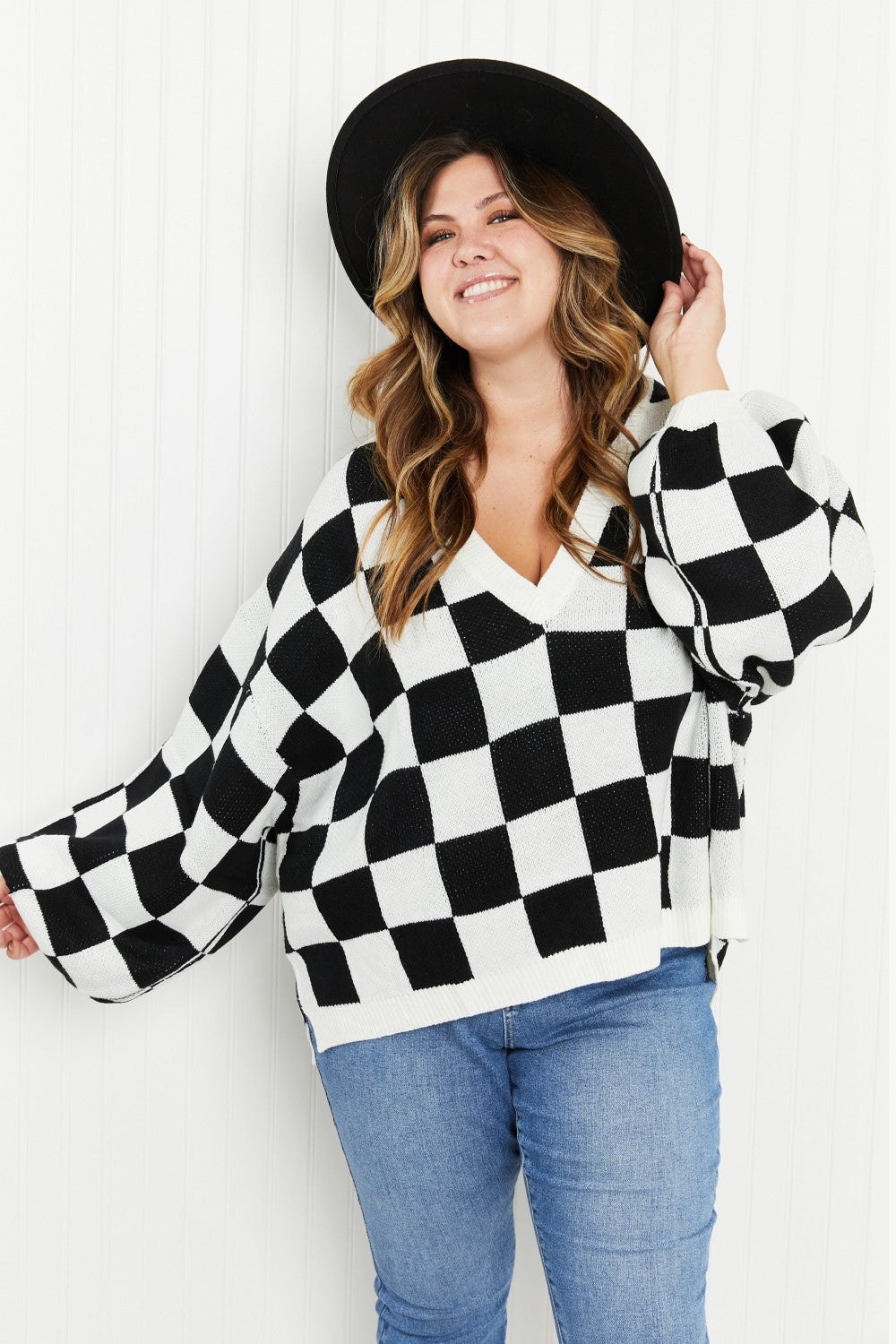 Davi & Dani Reality Check Full Size Checkered V-Neck Sweater