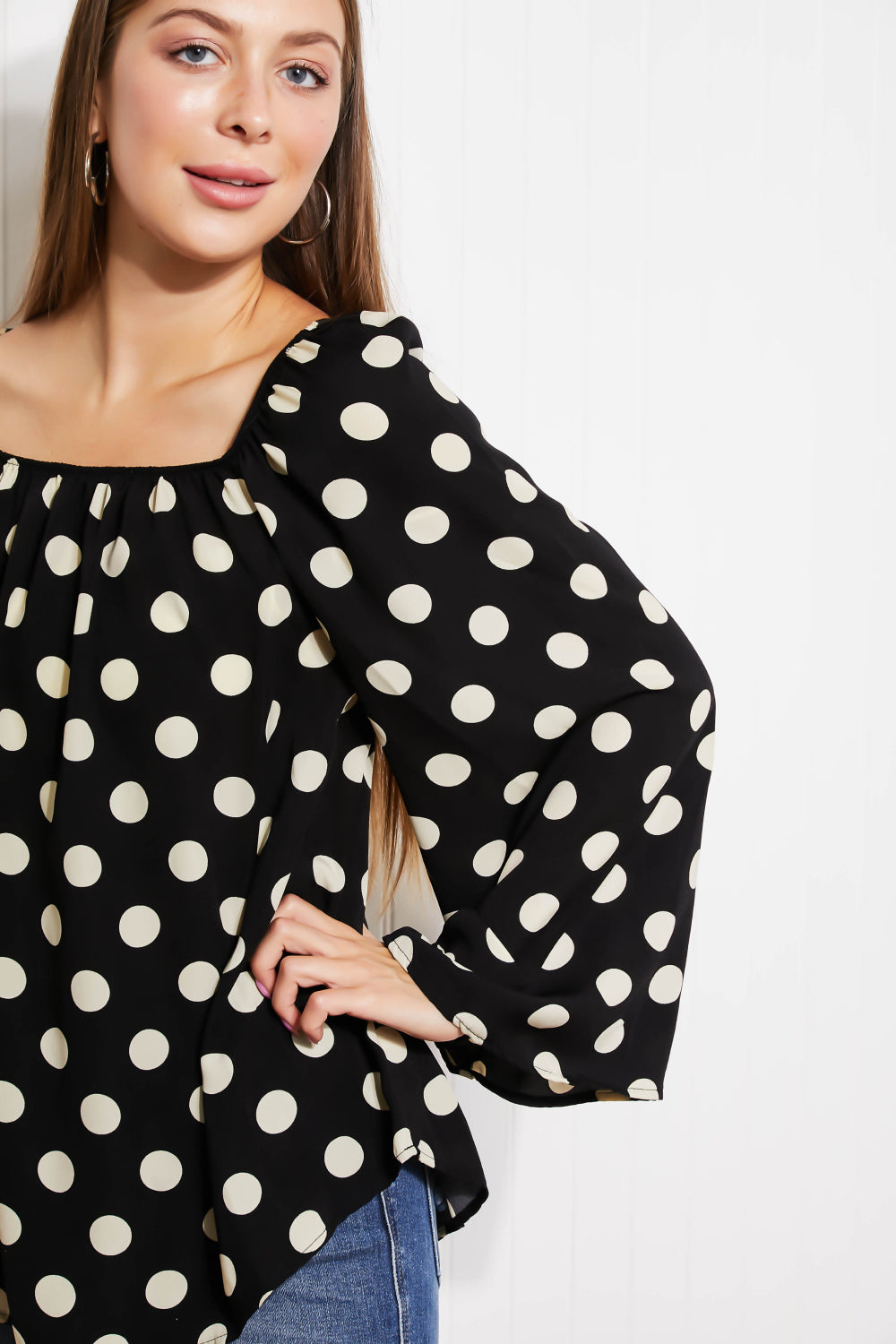 CY Fashion Polka Dot Party Full Size Bell Sleeve Blouse