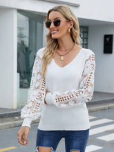 Load image into Gallery viewer, Lace Sleeve Ribbed Trim V-Neck Sweater
