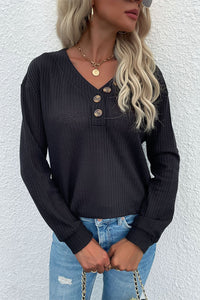 Button Detail Waffle Knit V-Neck Top