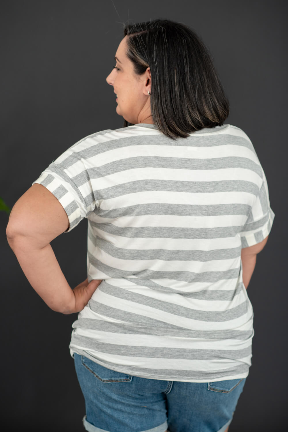 Sew In Love Out and About Full Size Striped Tee in Grey and Ivory