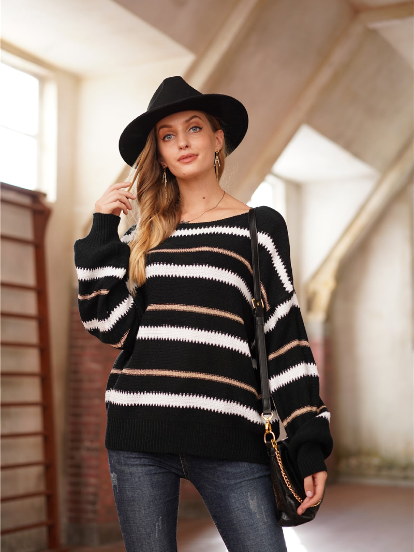 Striped Round Neck Lantern Sleeve Sweater