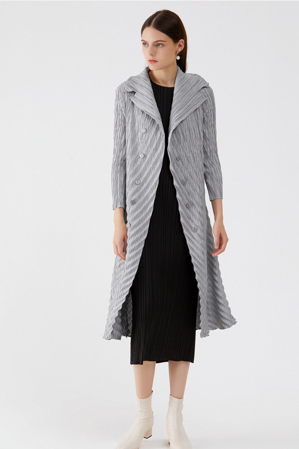 Accordion Pleated Double-Breasted Trench Coat